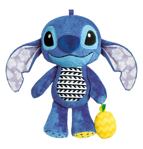 Clementoni Disney Stitch - Erste Aktivitäten Plüsch, Interaktives Hänge-Spielzeug mit Klangeffekten und verschiedenen Materialien, Waschbar, Fördert sensorische Fähigkeiten, Ab 3 Monaten von Clementoni