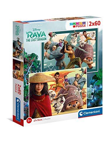 Clementoni 21616 Supercolor Raya and The Last Dragon – Puzzle 2 x 60 Teile ab 5 Jahren, buntes Kinderpuzzle mit besonderer Leuchtkraft & Farbintensität, Geschicklichkeitsspiel für Kinder von Clementoni