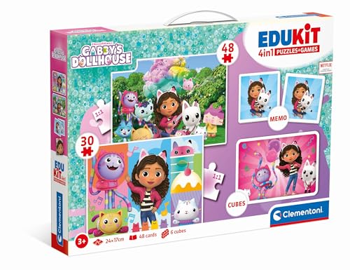 Clementoni Edukit 4 in 1 Gabby's Dollhouse - Spielesammlung für Vorschulkinder ab 3 Jahren - Inkl. 2 Puzzles, Memo-Spiel & Würfelpuzzle, 18319 von Clementoni