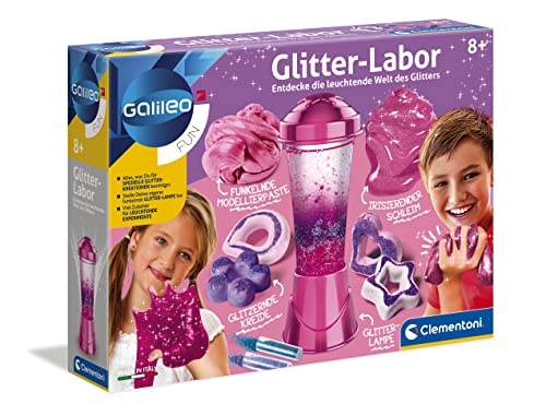 Clementoni Galileo Fun – Glitter-Labor, Basteln & Experimentieren mit Glitzer, Kreide/ Schleim/ Modellierpaste/ Lavalampe zum Selbermachen & Dekorieren für Kinder ab 8 Jahren von Clementoni 59224 von Clementoni