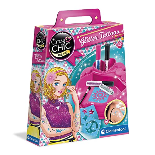 Clementoni Crazy Chic Glitzer Tattoos Set - Glitzer Tattoos für Mädchen ab 6 Jahren - Kinder Tattoos mit Glitzerfarben & Schablonen mit verschiedenen Formen 18513 von Clementoni