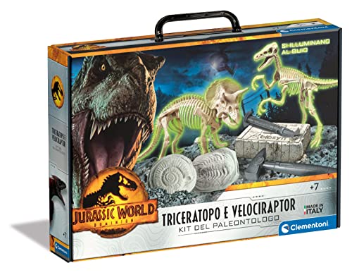 Clementoni Jurassic World 3 Dominion-Triceratops und Velociraptor-Dinosaurier, Fossilien-Set zum Graben und Zusammenbauen, wissenschaftliches Spiel 7 Jahre (italienische Version), hergestellt in von Clementoni