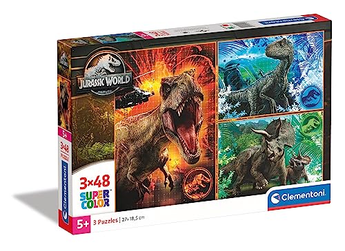 Clementoni 25250 Supercolor Jurassic World – Puzzle 3 x 48 Teile ab 4 Jahren, buntes Kinderpuzzle mit besonderer Leuchtkraft & Farbintensität, Geschicklichkeitsspiel für Kinder von Clementoni