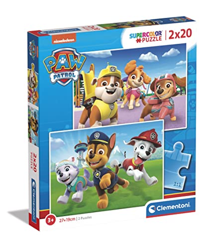 Clementoni - 24800 - Supercolor Puzzle - Paw Patrol - 2 Puzzle Mit 20 Teile Ab 3 Jahren, Buntes Kinderpuzzle Mit Besonderer Leuchtkraft & Farbintensität, Geschicklichkeitsspiel Für Kinder von Clementoni