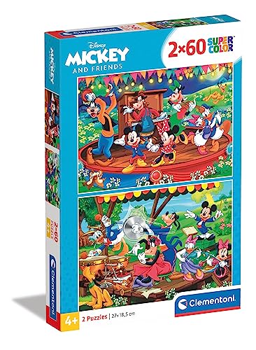 Clementoni 21620 Supercolor Mickey & Friends – Puzzle 2 x 60 Teile ab 5 Jahren, buntes Kinderpuzzle mit besonderer Leuchtkraft & Farbintensität, Geschicklichkeitsspiel für Kinder von Clementoni