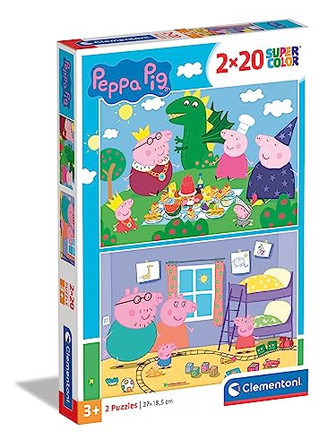 Clementoni 24778 Supercolor Peppa Pig – Puzzle 2 x 20 Teile ab 3 Jahren, buntes Kinderpuzzle mit besonderer Leuchtkraft & Farbintensität, Geschicklichkeitsspiel für Kinder von Clementoni