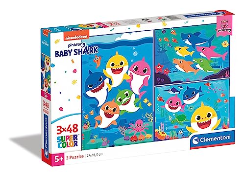 Clementoni 25261 Supercolor Baby Shark – Puzzle 3 x 48 Teile ab 4 Jahren, buntes Kinderpuzzle mit besonderer Leuchtkraft & Farbintensität, Geschicklichkeitsspiel für Kinder von Clementoni