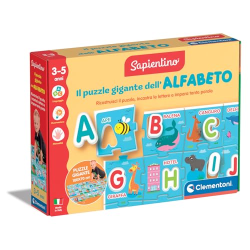 Clementoni Sapientino – Das riesige Puzzle des Alphabets, Lernspiel für Kinder von 3-5 Jahren, Puzzle 100 x 70 cm mit Karten zum Lernen von Buchstaben und Wörtern, Made in Italy, italienische Sprache, von Clementoni