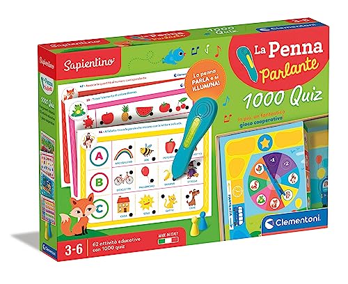 Clementoni Sapientino – Der sprechende Stift 1000 Quiz, elektronisches Lernspiel 3-6 Jahre, 64 Aktivitäten und 32 Karten zum Lernen von Buchstaben und Zahlen, Made in Italy, italienische Sprache, von Clementoni