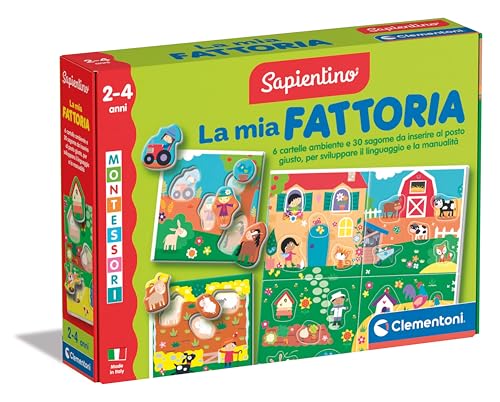 Clementoni Sapientino Montessori – La mia Fattoria – Montessori-Spiel 2 Jahre, illustrierte Karten, Flashcards Tiere, Lernspiel zum Lernen der Tiere, geformtes Puzzle, Made in Italy, 16856 von Clementoni