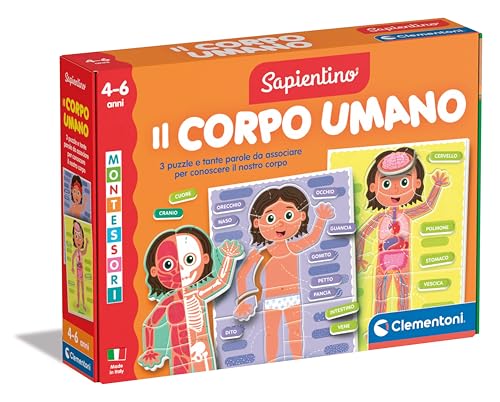 Clementoni Sapientino Montessori - Der menschliche Körper, Lernspiel für Kinder 4-6 Jahre, um Anatomie und Skelett zu entdecken, mit illustrierten Karten und Karten, Made in Italy, italienische von Clementoni