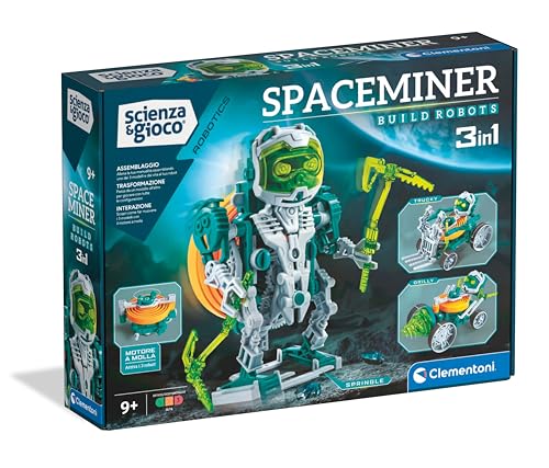 Clementoni Wissenschaft und Spiel Robotics – Space Miner, 3-in-1-Roboter zum Bauen, für Kinder 9+ Jahre, mit Federmotor und dedizierter App für die Montage, italienische Sprache, 19344 von Clementoni