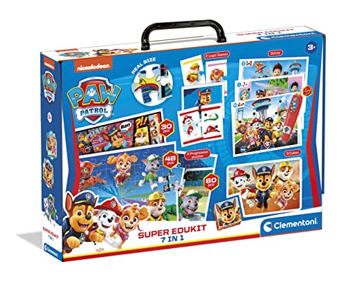 Clementoni Super-Edukit 7 in 1 Paw Patrol - Umfangreiche Spielesammlung für Vorschulkinder ab 3 Jahren - Inkl. 3 Puzzles, Würfelpuzzle, 2 Assoziationsspielen & 12 Quizkarten, 18112 von Clementoni