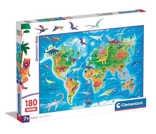 Clementoni Supercolor Dinosaurs Map Puzzle - Puzzle 180 Teile ab 7 Jahren - buntes Kinderpuzzle mit besonderer Leuchtkraft & Farbintensität - Geschicklichkeitsspiel für Kinder 29790 von Clementoni