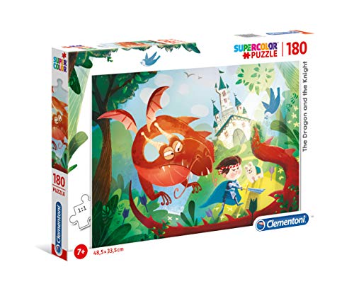 Clementoni 29209 Supercolor Der Drache und der Ritter – Puzzle 180 Teile ab 7 Jahren, buntes Kinderpuzzle mit besonderer Leuchtkraft & Farbintensität, Geschicklichkeitsspiel für Kinder von Clementoni