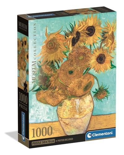 Clementoni - Van Gogh Puzzle 1000 Teile Kunst, für Erwachsene und Jungen, Museum Collection, Thema Sonnenblumen, Compact Box mit Poster, Geschenkidee für Damen und Herren, Made in Italy, 70 x 50 cm, von Clementoni