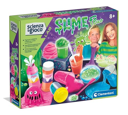 Clementoni Wissenschaft und Spiel Lab – Fluoreszierender Schleim, Experimentier-Set für Kinder 8+, Labor zur Herstellung fluoreszierender und farbenfroher Slime, italienische Sprache, 19397 von Clementoni