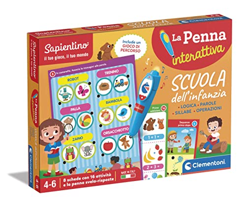 Clementoni Sapientino – Schule der Kindheit, sprechendes Lernspiel 4-6 Jahre, Quiz über Wörter, Logik, Silben und Operationen, 8 Aktivitäten mit interaktivem Stift, hergestellt in Italien, von Clementoni