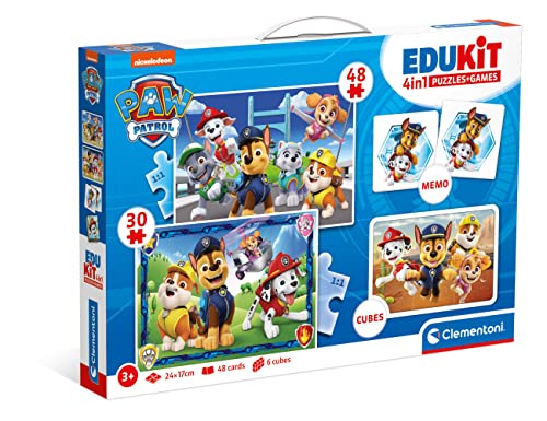 Clementoni Edukit 4 in 1 Paw Patrol - Spielesammlung für Vorschulkinder ab 3 Jahren - Inkl. 2 Puzzles, Memo-Spiel & Würfelpuzzle, 18291 von Clementoni