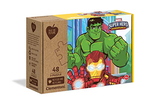 Clementoni 25257 Play for Future Marvel Superhero – Puzzle 3 x 48 Teile ab 4 Jahren, 3 Kinderpuzzle aus recyceltem & recycelbarem Material, Denkspiel für Kinder von Clementoni