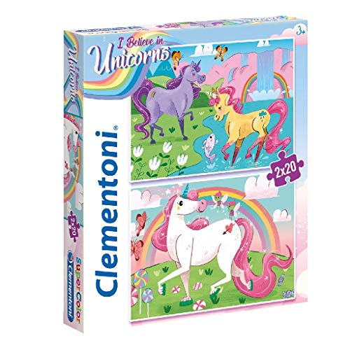 Clementoni 24754 Supercolor Unicorns – Puzzle 2 x 20 Teile ab 3 Jahren, buntes Kinderpuzzle mit besonderer Leuchtkraft & Farbintensität, Geschicklichkeitsspiel für Kinder von Clementoni