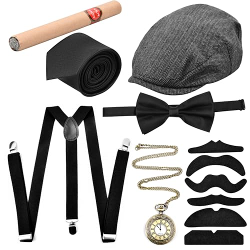 20er Jahre Accessoires Herren,Mafia Kostüm Herren,Peaky Blinders Kostüm, Gangster Kostüm Herren mit Panama Gangster Hut Verstellbar Hosenträger Taschenuhr Fliege Krawatten Bärte für Karneval Partys von Cleminsta