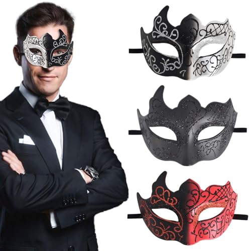 Cleminsta 3 Stück Venezianische Masquerade Masken, Männer Venezianische Maske, Maskerade Maske mit Feder, Cosplay Mardi Gras Maske, Karneval Augenmaske für Halloween, Karneval, Party Kostüm von Cleminsta