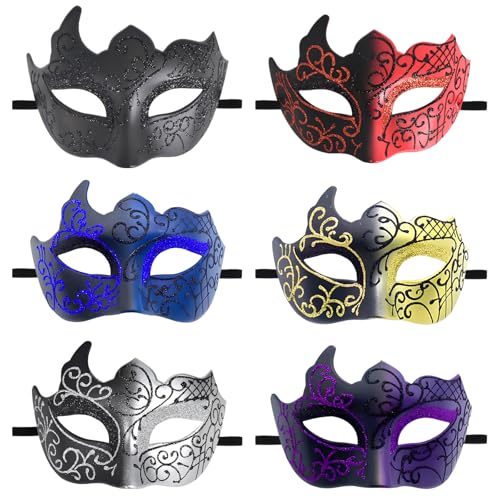 Cleminsta 6 Stück Venezianische Masquerade Masken, Männer Venezianische Maske, Maskerade Maske mit Feder, Cosplay Mardi Gras Maske, Karneval Augenmaske für Halloween, Karneval, Party Kostüm von Cleminsta