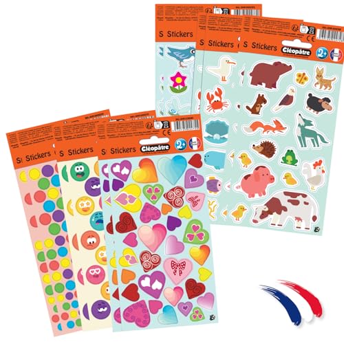 CLEOPATRE – 12 Stickerbögen, selbstklebend, No Pack Thematische Aufkleber – 478 Sticker – 6 Tiere, Herzen, Frühling, Emotionen, rund, leuchtende Farben – kreative Hobbys für Kinder von Cléopâtre