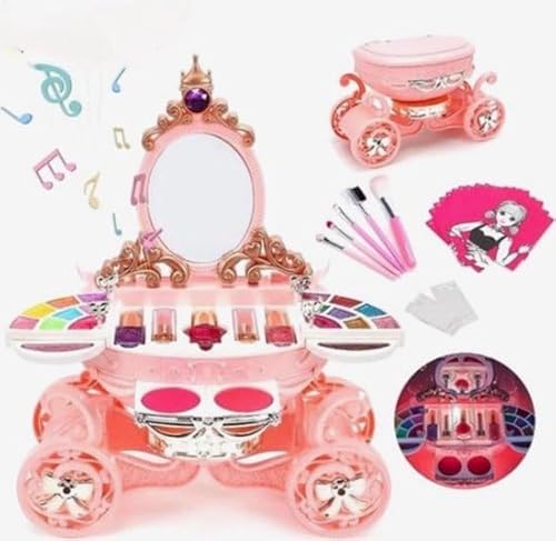 Prinzessinnen Karussell Kinder Make-up Set mit Licht und Musik, Gratis Strass-Aufkleber Set, Magische Glasbox, Waschbare Lidschatten Rouge Spielzeug Set (Carousel) von Cliste