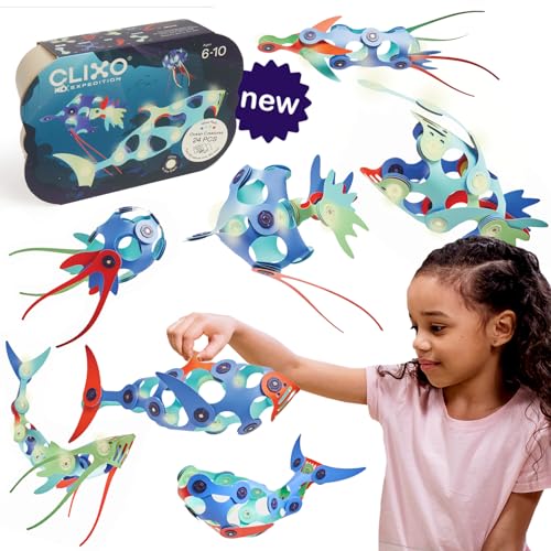 Clixo Ocean Creatures Pack – nachtleuchtendes magnetisches Bauspielzeug – 24 Flexible Magnetteile für Unterwasser-Erkundung & Abenteuer, fantasievolles STEM-Spielzeug, Geschenk für Kinder und von Clixo