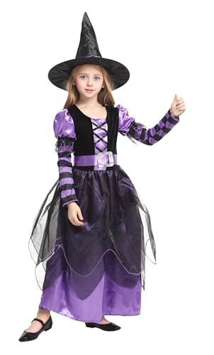 Cloud Kids Mädchen Hexe Kostüm Lila-Schwarz Hexekostüm Fasching/Kaneval Kostüm Hexekleid für Kaneval, Fasching, Cosplay und Thema Party XL von Cloudkids