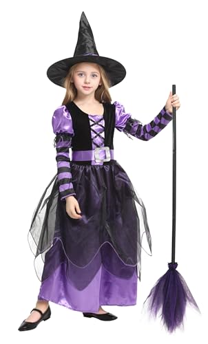 Cloudkids Hexenkostüm für Mädchen – Halloween-Kostüm mit Hut und Gürtel für Kinder, Karneval, Cosplay, Kostüm + Besen (10-12 Jahre) von Cloudkids