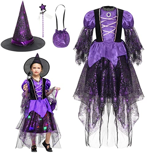 Cloudkids Kostüm Hexe Mädchen – Lichterkette – Kostüm Hexe Kinder Cosplay Halloween Karneval Gr. 4-6 Jahre, violett von Cloudkids