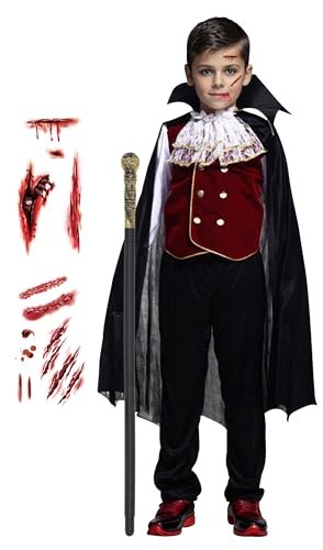 Cloudkids Kostüm Vampir für Jungen, Halloween-Kostüm, Cosplay, Graf Kinder, Gothic, Karneval, Abendveranstaltungen (Kleidung + Stock, 4-6 Jahre (1 Stück) von Cloudkids