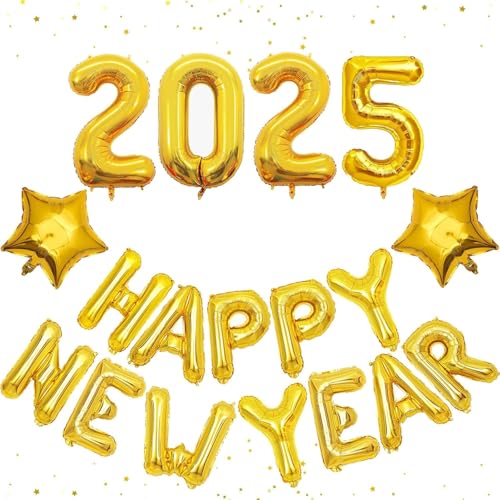 Silvester Deko 2025 Happy New Year Girlande Gold Happy New Year Folienballons, 2025 Neujahr Deko Girlande Gold Silvester Party Deko, Neujahrsdeko von CloverCy