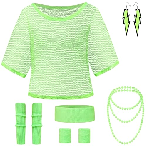 Clundoo 90er 80er Jahre Outfit Damen, Netzoberteil Damen Neon Kostüm, 80er Jahre Netzoberteil, 80erJahre Kleidung Damen 80iger Schlagerparty Bad Taste Outfit Frauen Neon Party (Grün) von Clundoo