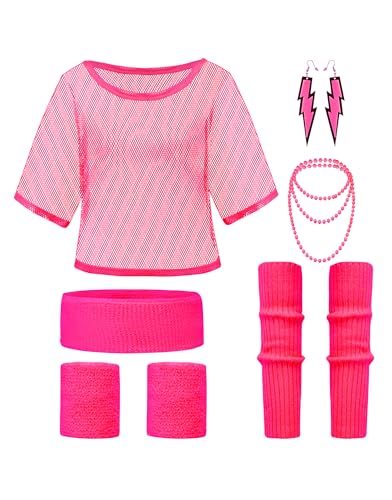 Clundoo 90er 80er Jahre Outfit Damen, Netzoberteil Damen Neon Kostüm, 80er Jahre Netzoberteil, 80erJahre Kleidung Damen 80iger Schlagerparty Bad Taste Outfit Frauen Neon Party (Rosa) von Clundoo