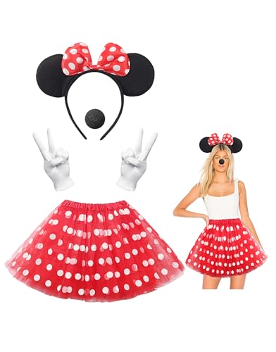 Clundoo Damen Maus Mouse Kostüm Rot Tutu mit weiß Gepunktet + Haarreifen mit Maus Ohren + Handschuhe + Nase für Fasching Karneval Motto Cosplay Party von Clundoo