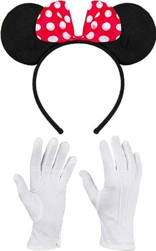 Clundoo Damen Maus Mouse kostüm Haarreif mit Maus Ohren Rote Schleife und Schwarz + weiße Handschuhe, Damen Mädchen Faschingkostüme Karneval Mottoparty Cosplay Party von Clundoo