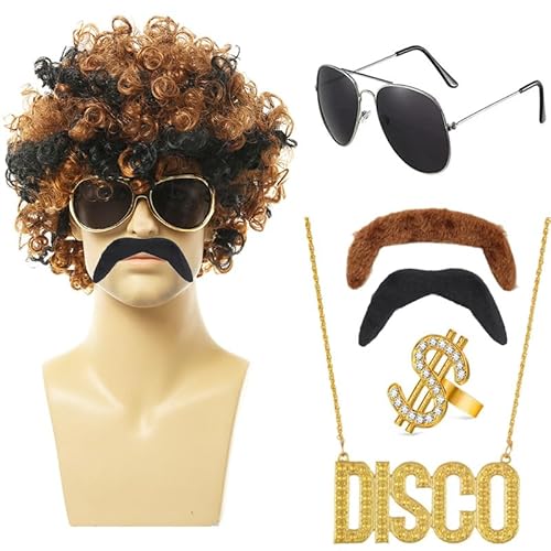 Clundoo Herren Perücke, 6PCS 70er Jahre Disco Dude Dirt Bag Perücke mit Halskette, Schnurrbart, Sonnenbrillen, Ringe, Hip Hop Disco Kostüm Accessoires, kurz gelockt Afro Shaggy Perücke von Clundoo