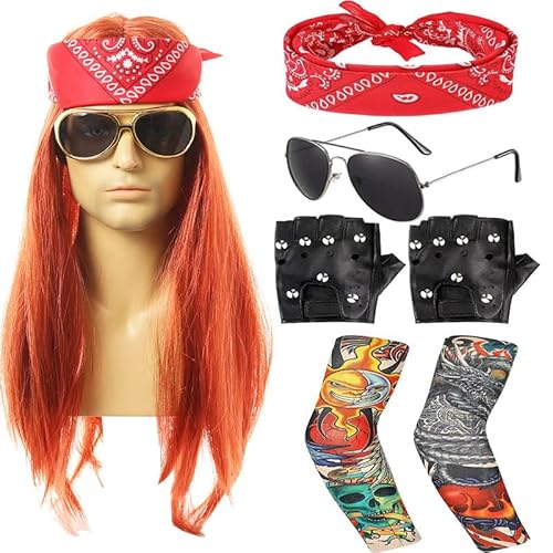 Clundoo Herren Perücke, 7PCS Punk Gothic Rocker Kit mit Kopftuch, Sonnenbrille, Handschuhe, Geblümte Arme, Disco Rockstar Perücke, 70er 80er 90er Jahre Accessoires für Männ von Clundoo