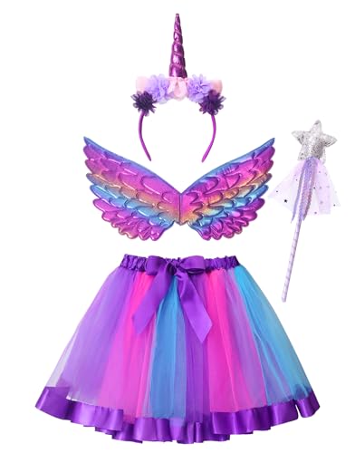 Clundoo Mädchen Einhorn Prinzessin Kleid, Tutu Rock Mädchen mit Einhorn Stirnband Flügel Zauberstab, Einhorn Kostüm Mädchen für Halloween Weihnachten Karneval Geburtstag Party (Lila) von Clundoo