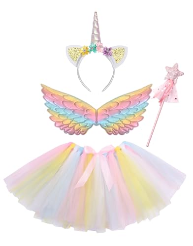 Clundoo Mädchen Einhorn Prinzessin Kleid, Tutu Rock Mädchen mit Einhorn Stirnband Flügel Zauberstab, Einhorn Kostüm Mädchen für Halloween Weihnachten Karneval Geburtstag Party (Weiß) von Clundoo