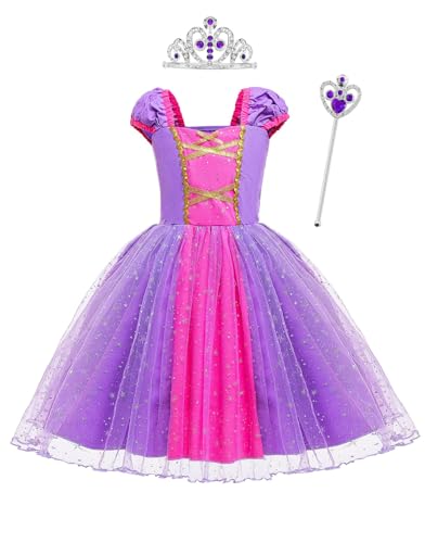 Clundoo Mädchen Prinzessin Kostüm, Lang Kleid mit Krone und Zauberstab, Party Cosplay Verkleidung Festlich Karneval Festkleid Maxikleid Geburtstagsfeier 130cm von Clundoo