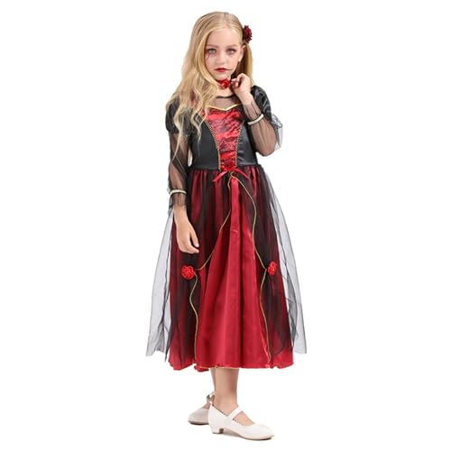 Clundoo Vampir Halloween Kostüme, Vampirkostüm für Mädchen, Gothic Vampir Prinzessin Kostüm, Dunkelrot Vampir Kostüm Kinder, Halloween Fasching Karneval Cosplay (130) von Clundoo