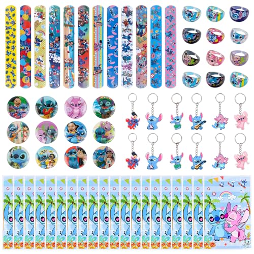 68Pcs Kinder Geburtstag Mitgebsel, Stit-ch Geschenktüte, Slap Armbänder Kinder, Cartoon Aufkleber, Stit-ch Silikon Fingerring, Anime Pin Button, Stitc Party Geschenk Geburtstag für Jungen Mädchen(A) von Clvsyh