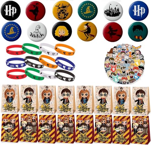 Clvsyh 86 Stück Harry Geburtstag Mitgebsel, Wizard Geschenktüte, Silikon Armbänder Kinder, Cartoon Aufkleber, Harry Pin Button, Wizard Party Geschenk Geburtstag für Jungen Mädchen von Clvsyh