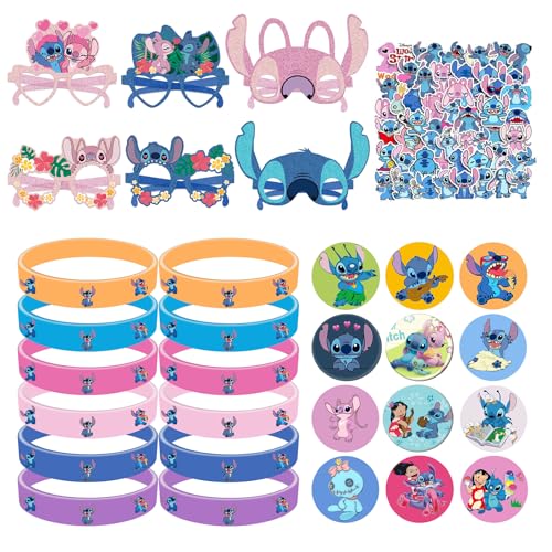 86 Stück St-itch Kindergeburtstag Party Mitgebsel, 12Pcs Kinder Buttons Anstecker + 12Pcs St-itch Party Brillen + 12Pcs Silikon Armbänder + 50Pcs Cartoon Aufkleber, Jungen und Mädchen Party Geschenk von Clvsyh