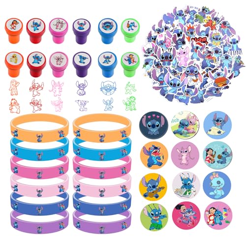 86 Stück St-itch Kindergeburtstag Party Mitgebsel, 12Pcs Kinder Buttons Anstecker + 12Pcs St-itch Stempel Kinder + 12Pcs Silikon Armbänder + 50Pcs Cartoon Aufkleber, Jungen und Mädchen Party Geschenk von Clvsyh